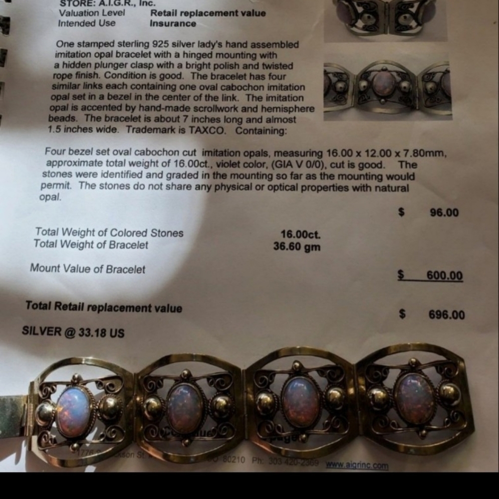 925 TAXCO imitation opal bracelet w/ appraisal. Bracelet is 7 inches long and ab